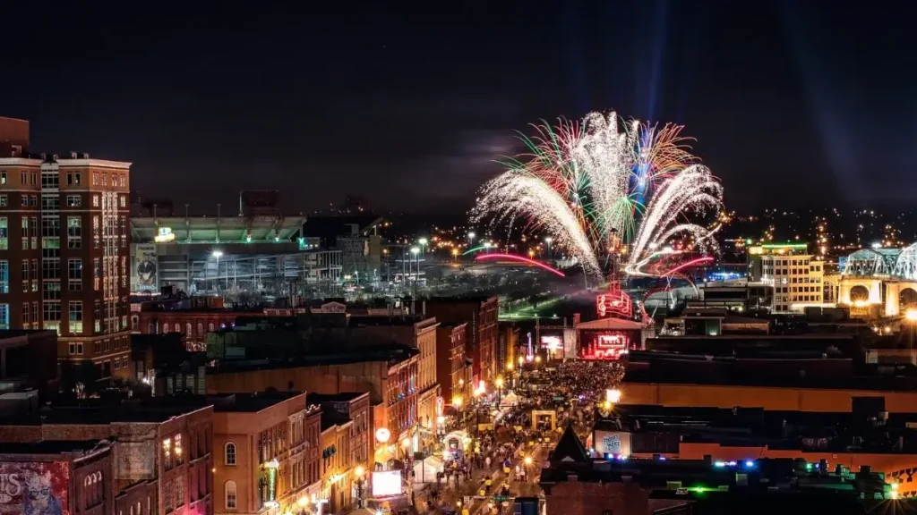 Fireworks light up the night sky over the streets of Nashville ready for the Tecumseh Trail Marathon.