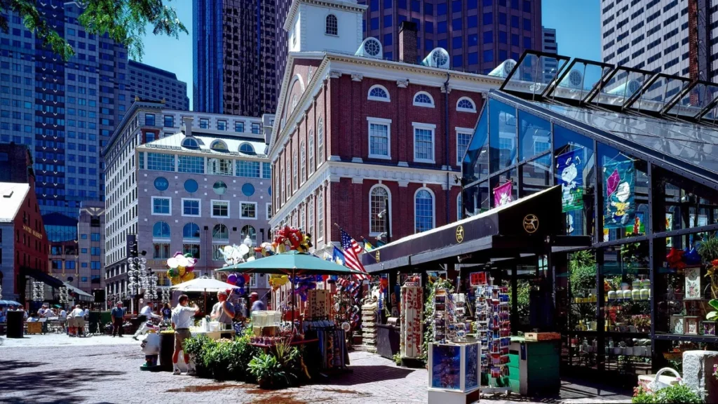 A street in Boston, Massachusetts, prepares for the legendary Boston Marathon.