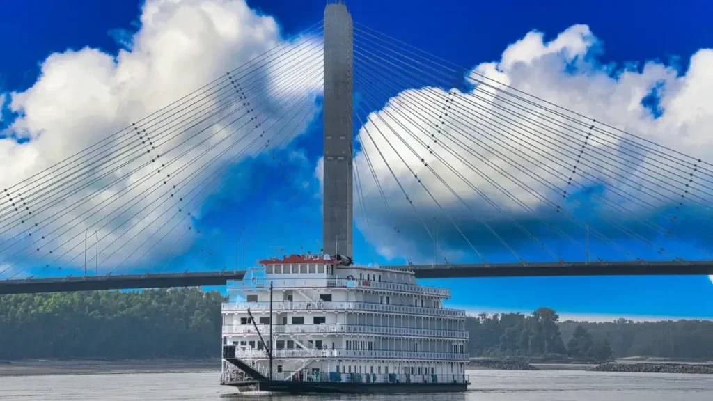 A casino boat floats by a Bridge connecting Arkansas and Mississippi ready for runners of the Mississippi River Marathon.