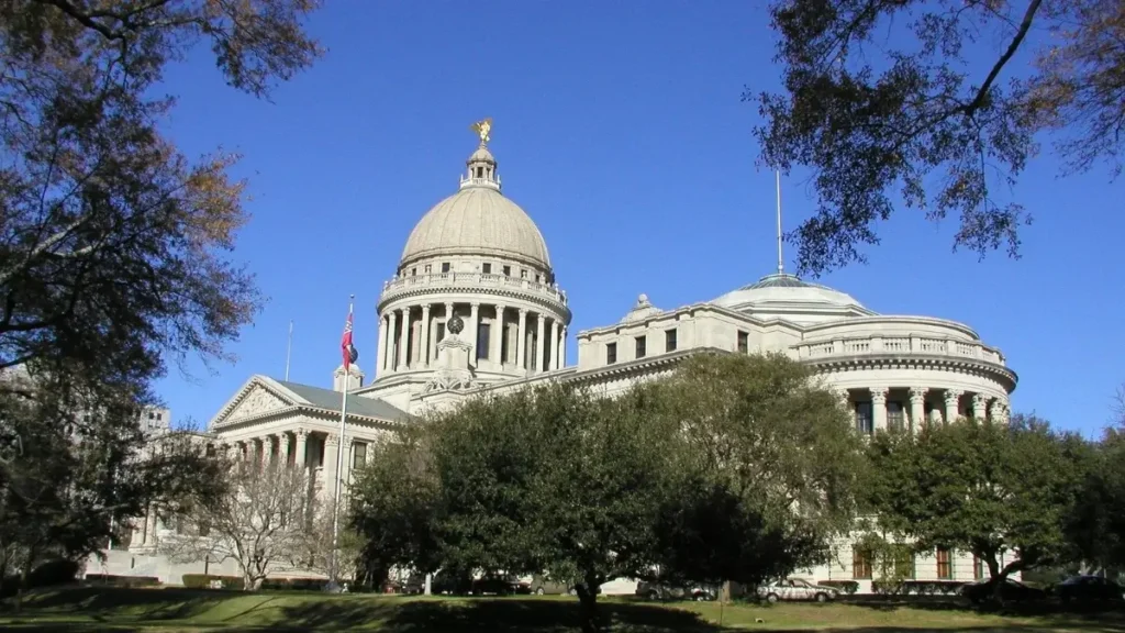 The state capital building, ready for the start and finish of the Mississippi Blues Marathon, one of the best marathons in Mississippi.